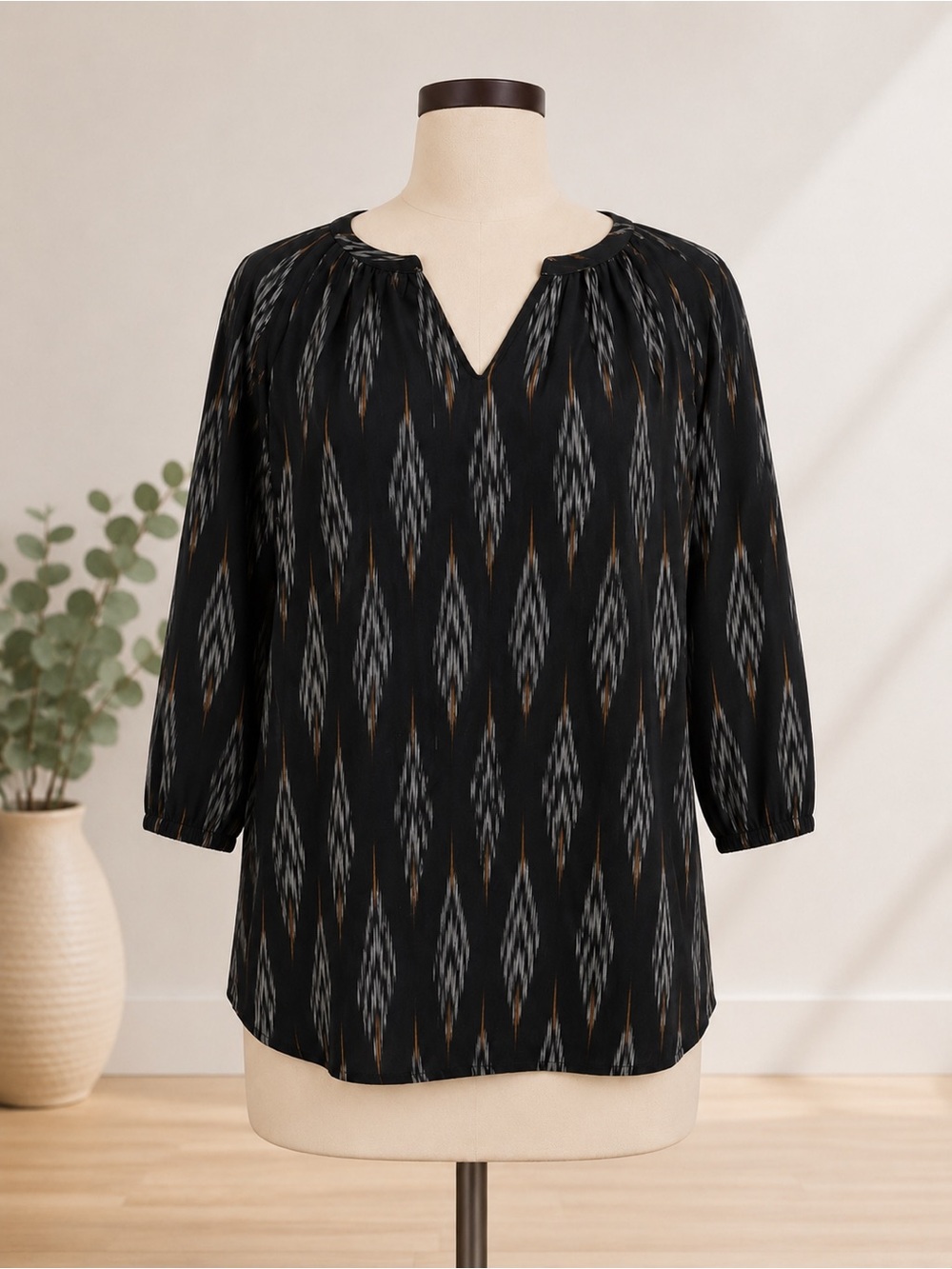 J. Jill Black Geometric Ikat Split-Neck Blouse